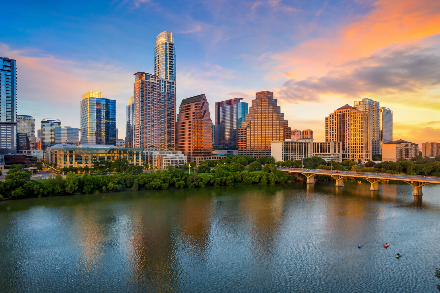 Austin skyline at sunset over Lady Bird Lake